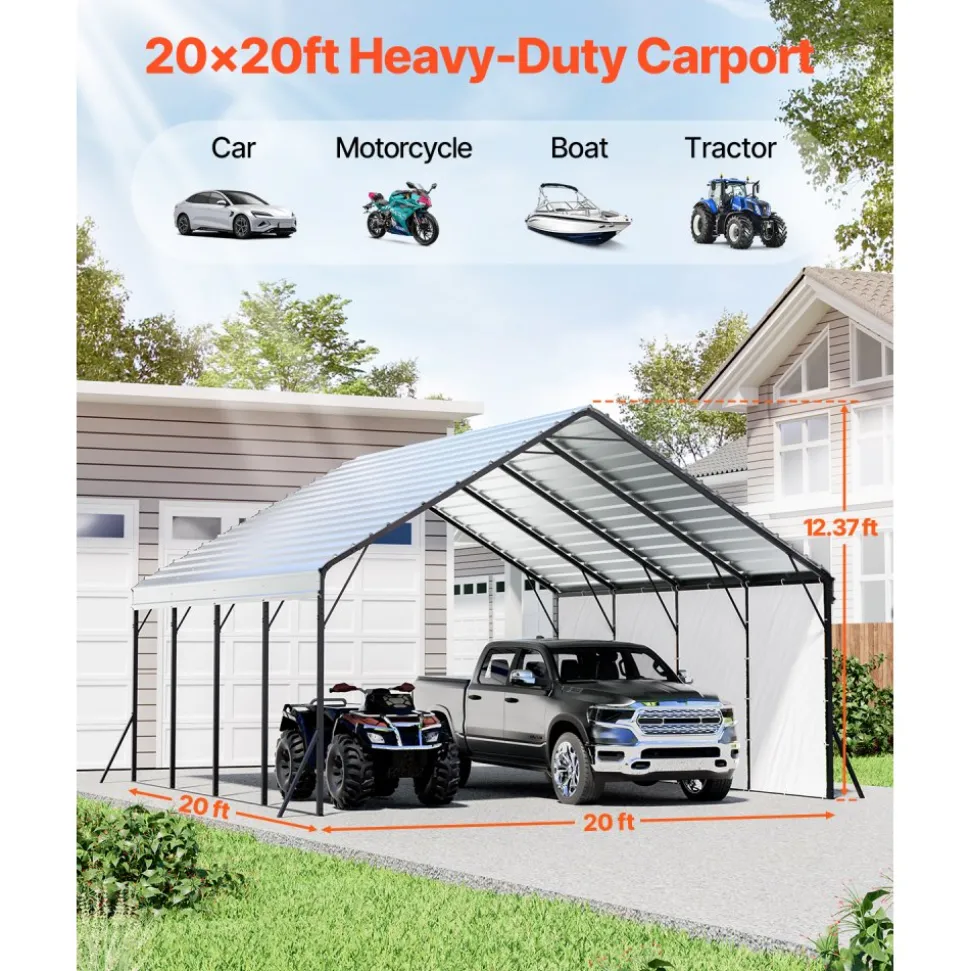 VEVOR Heavy Duty Metal Carport, 20 x 20 ft Outdoor Carport with Sturdy Frame & Roof, Car Garage Shade with Removable Sidewalls, Multi-Use Car Shelter for Pickup, Boat, Trucks & Tractors