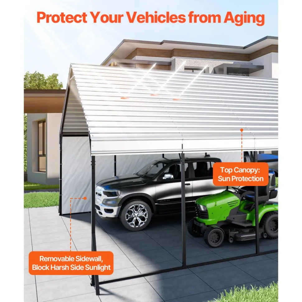 VEVOR Heavy Duty Metal Carport, 20 x 20 ft Outdoor Carport with Sturdy Frame & Roof, Car Garage Shade with Removable Sidewalls, Multi-Use Car Shelter for Pickup, Boat, Trucks & Tractors