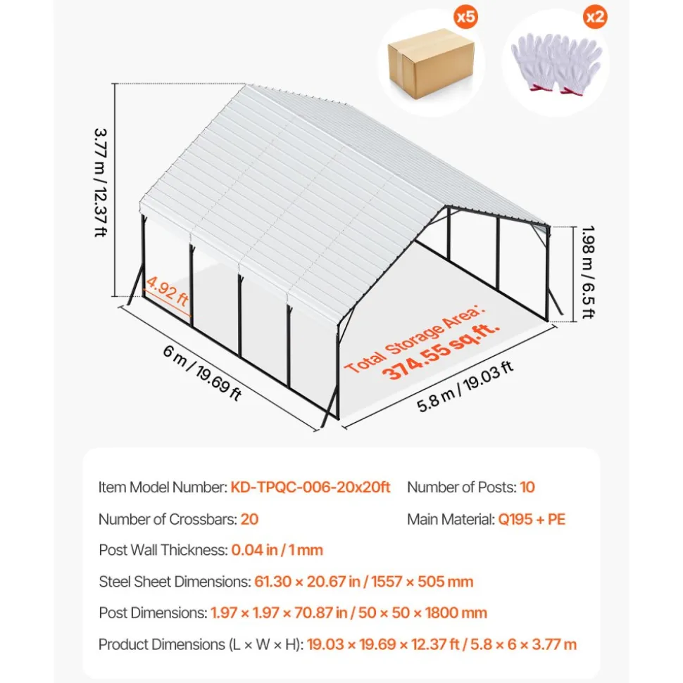 VEVOR Heavy Duty Metal Carport, 20 x 20 ft Outdoor Carport with Sturdy Frame & Roof, Car Garage Shade with Removable Sidewalls, Multi-Use Car Shelter for Pickup, Boat, Trucks & Tractors