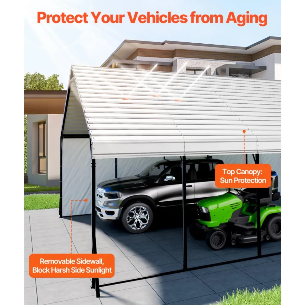VEVOR Heavy Duty Metal Carport, 20 x 24 ft Outdoor Carport with Sturdy Frame & Roof, Car Garage Shade with Removable Sidewalls, Multi-Use Car Shelter for Pickup, Boat, Trucks & Tractors