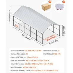 VEVOR Heavy Duty Metal Carport, 13' x 26' Outdoor Carport with Galvanized Steel Frame & Roof, Car Tent Garage Shade with Removable Sidewalls, Multi-Use Car Shelter for Pickup, Boat, Car & Tractors