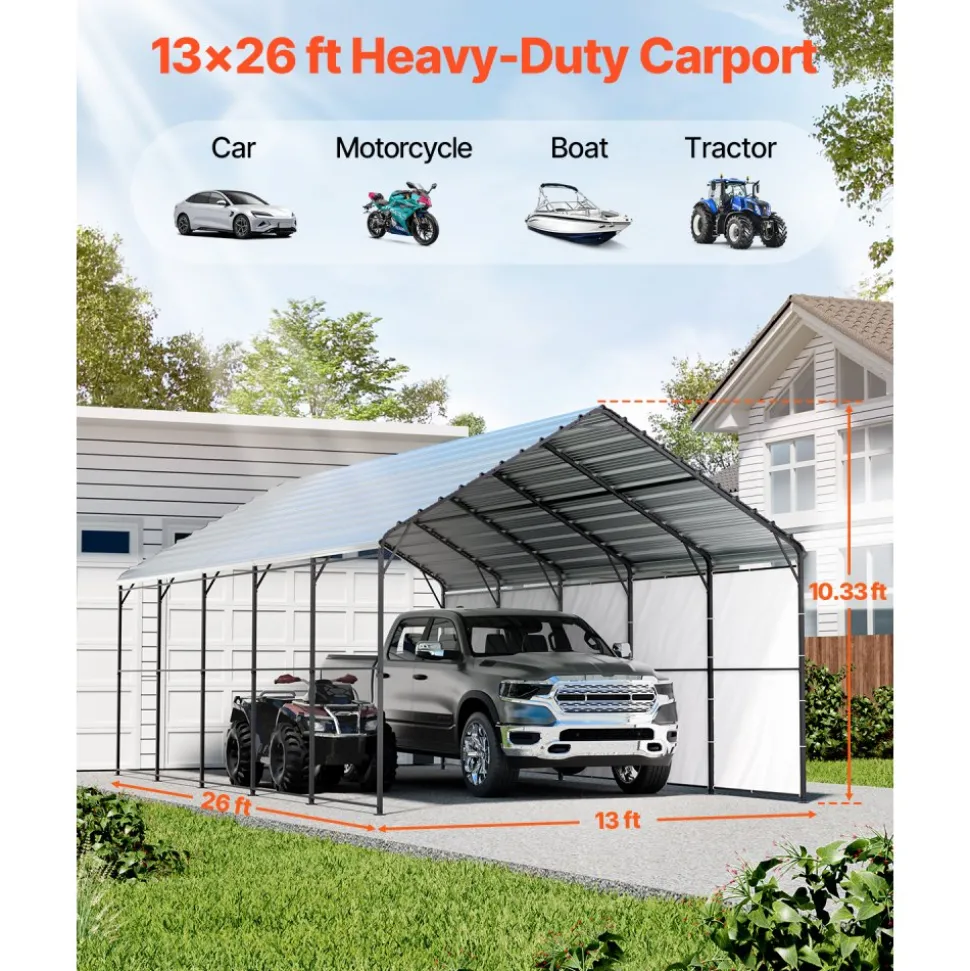 VEVOR Heavy Duty Metal Carport, 13' x 26' Outdoor Carport with Galvanized Steel Frame & Roof, Car Tent Garage Shade with Removable Sidewalls, Multi-Use Car Shelter for Pickup, Boat, Car & Tractors