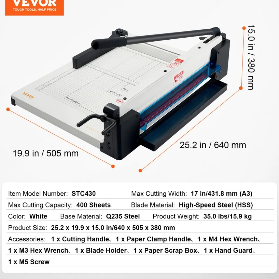 VEVOR Heavy Duty Paper Cutter, 17" Industrial Commercial Guillotine Paper Cutter for A3 Paper, 400 Sheet Capacity, Solid Steel Construction, Stack Paper Trimmer for Office Home School Shop, White