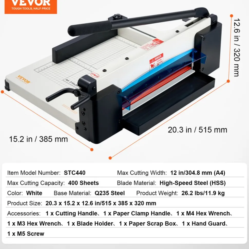 VEVOR Heavy Duty Paper Cutter, 12" Industrial Commercial Guillotine Paper Cutter for A4 Paper, 400 Sheet Capacity, Solid Steel Construction, Stack Paper Trimmer for Office Home School Shop, White
