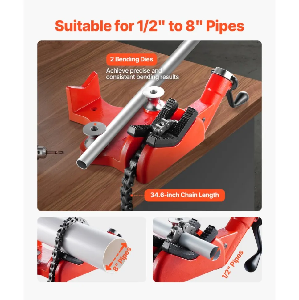VEVOR Heavy-Duty Pipe Chain Vise, 1/2" - 8" Pipe Capacity, 34.6" Rugged Chain & Cast Iron Base, Industrial-Grade Pipe Clamping for Plumbing, Automotive Repairs, Metalworking