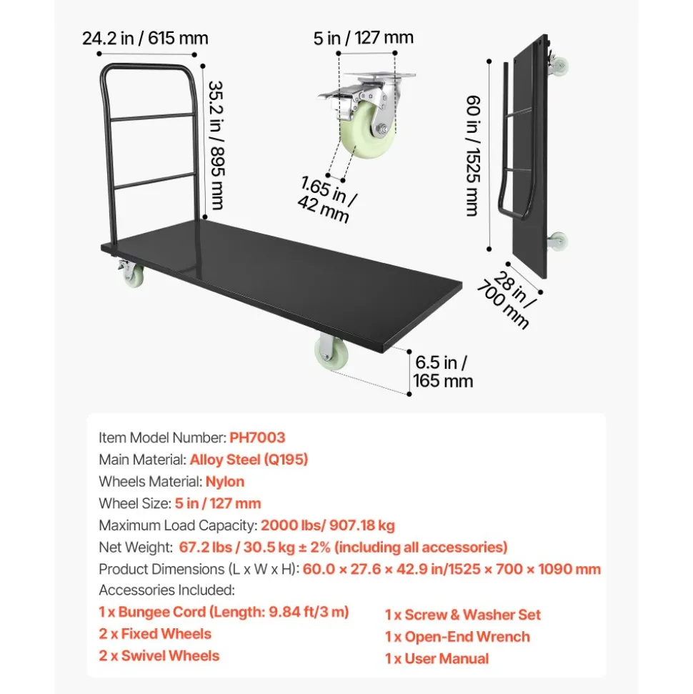 VEVOR Heavy Duty Platform Truck, 2000 lbs Capacity, Industrial Steel Flatbed Cart with Swivel Wheels and Handle, Platform Hand Push Truck Dolly, Easy Storage, for Luggage Moving, 60 x 27.6 x 42.9 in