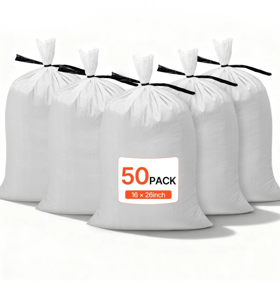 VEVOR Heavy Duty Sand Bags, 50Pack 16" x 26", Empty Sandbags for Flooding with Tie Strings, Woven Polypropylene Sand Bag with 1600 Hours of UV Protection, 50Lbs Capacity
