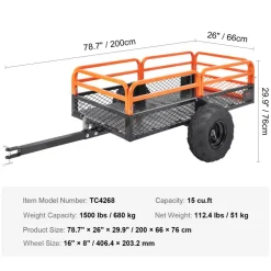 VEVOR Heavy Duty Steel ATV Dump Trailer, 1500-Pound Load Capacity 15 Cubic Feet, Tow Behind Dump Cart Garden Trailer, with Removable Sides and 2 Tires, for Mowers, Tractors, ATV, UTV