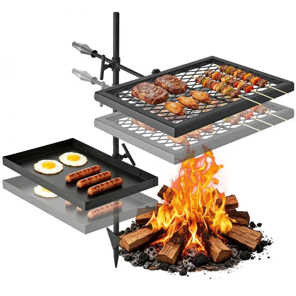 VEVOR Heavy Duty Swivel Campfire Grill, 16" Portable Camping Grill Grate, Sturdy Steel BBQ Mesh, 360° Height Adjustable Over Fire Pit Equipment with Carrying Bag, for Outdoor Open Flame Cooking, Black