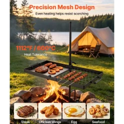 VEVOR Heavy Duty Swivel Campfire Grill, 24" Portable Camping Grill Grate & Griddle, Sturdy Steel BBQ Mesh, 360° Height Adjustable Over Fire Pit Equipment, for Outdoor Open Flame Cooking, Black