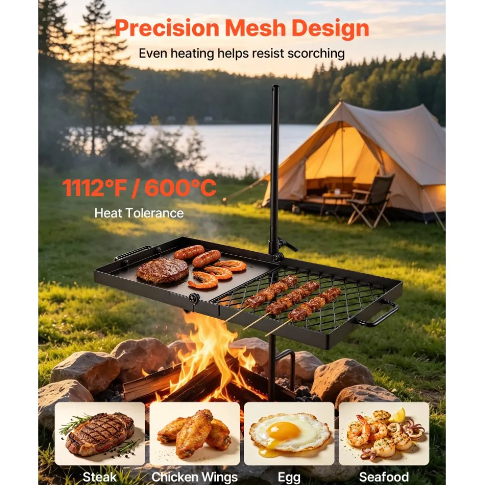 VEVOR Heavy Duty Swivel Campfire Grill, 24" Portable Camping Grill Grate & Griddle, Sturdy Steel BBQ Mesh, 360° Height Adjustable Over Fire Pit Equipment, for Outdoor Open Flame Cooking, Black