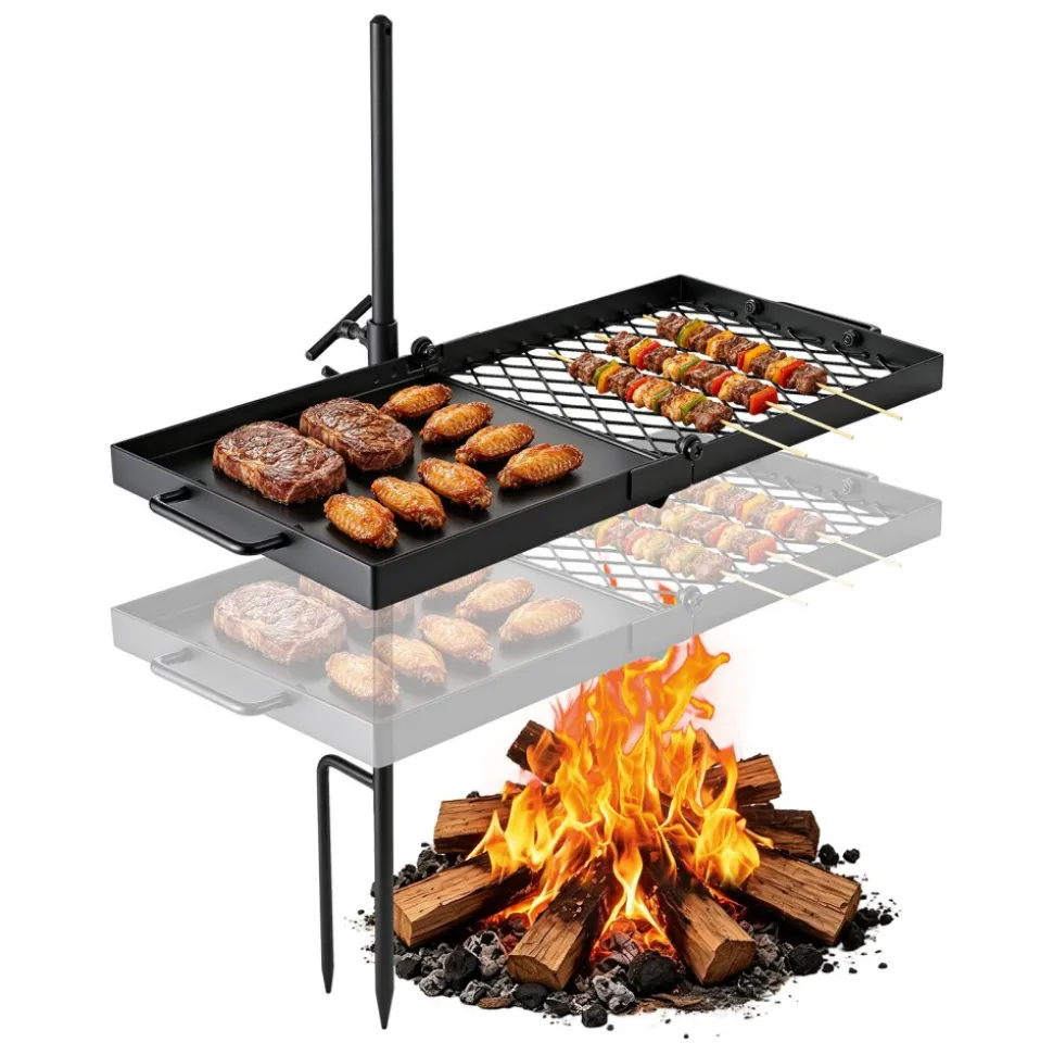 VEVOR Heavy Duty Swivel Campfire Grill, 24" Portable Camping Grill Grate & Griddle, Sturdy Steel BBQ Mesh, 360° Height Adjustable Over Fire Pit Equipment, for Outdoor Open Flame Cooking, Black