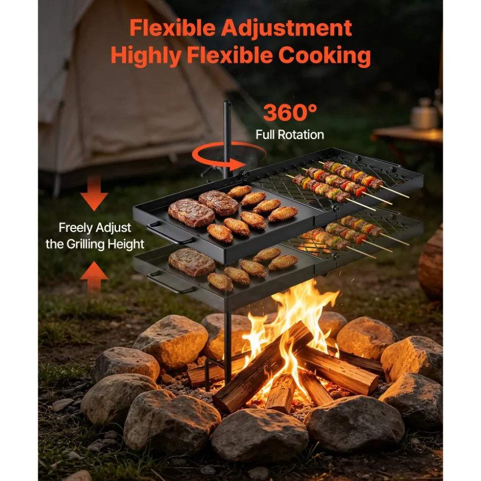 VEVOR Heavy Duty Swivel Campfire Grill, 24" Portable Camping Grill Grate & Griddle, Sturdy Steel BBQ Mesh, 360° Height Adjustable Over Fire Pit Equipment, for Outdoor Open Flame Cooking, Black