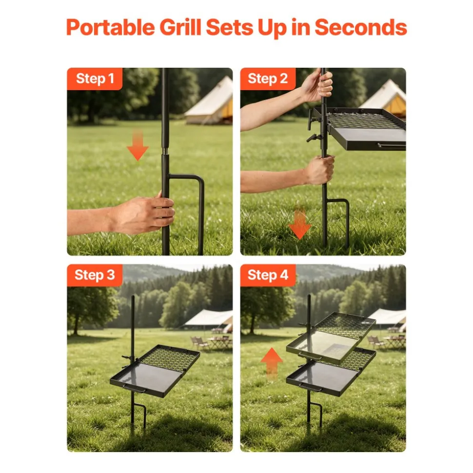 VEVOR Heavy Duty Swivel Campfire Grill, 24" Portable Camping Grill Grate & Griddle, Sturdy Steel BBQ Mesh, 360° Height Adjustable Over Fire Pit Equipment, for Outdoor Open Flame Cooking, Black