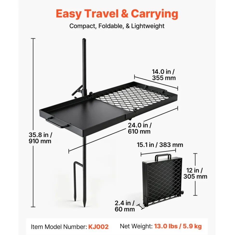 VEVOR Heavy Duty Swivel Campfire Grill, 24" Portable Camping Grill Grate & Griddle, Sturdy Steel BBQ Mesh, 360° Height Adjustable Over Fire Pit Equipment, for Outdoor Open Flame Cooking, Black