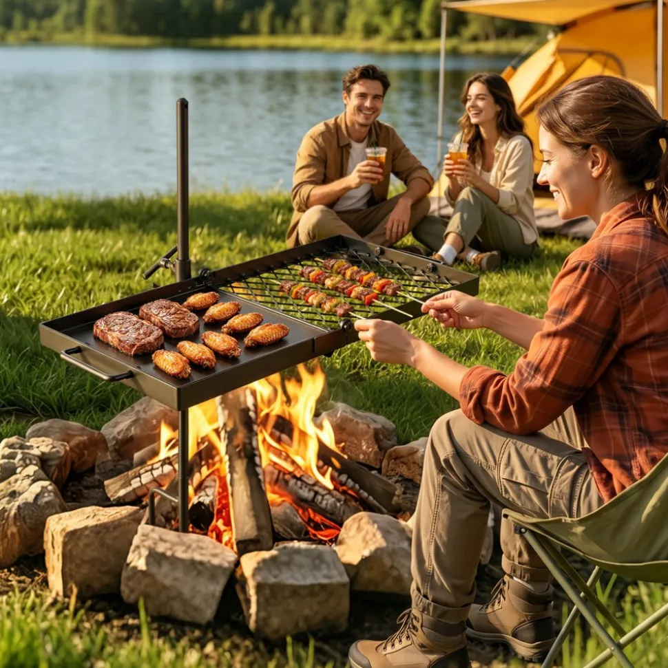 VEVOR Heavy Duty Swivel Campfire Grill, 24" Portable Camping Grill Grate & Griddle, Sturdy Steel BBQ Mesh, 360° Height Adjustable Over Fire Pit Equipment, for Outdoor Open Flame Cooking, Black
