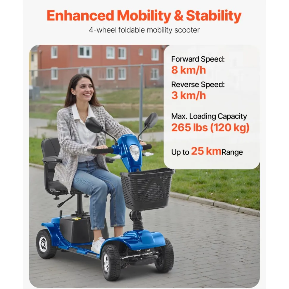 VEVOR Heavy-Duty 4 Wheel Mobility Scooter for Adults & Seniors - Folding Electric Powered Mobility Scooter & 12 Mile Long Range, Travel Scooter with 9° Climbing Capacity, 265lb Capacity