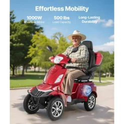 VEVOR Heavy Duty 4-Wheel Mobility Scooters for Seniors & Adults, 500lbs Capacity, 21.5 Miles 3-Speed Long Range, 1000W All Terrain Electric Recreational Scooter Wheelchair, 20° Max Climbing Capacity
