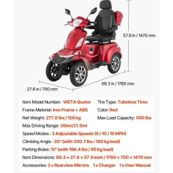 VEVOR Heavy Duty 4-Wheel Mobility Scooters for Seniors & Adults, 500lbs Capacity, 21.5 Miles 3-Speed Long Range, 1000W All Terrain Electric Recreational Scooter Wheelchair, 20° Max Climbing Capacity