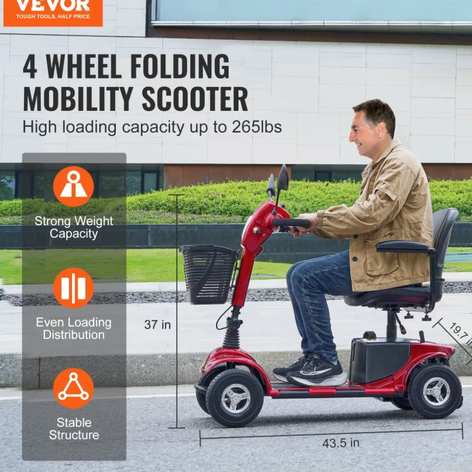 VEVOR Heavy-Duty 4 Wheel Mobility Scooter for Adults & Seniors - Folding Electric Powered Mobility Scooter & 12 Mile Long Range, All Terrain Travel Scooter with 9° Climbing Capacity, 265lb Capacity