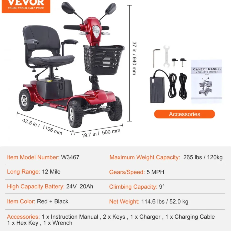 VEVOR Heavy-Duty 4 Wheel Mobility Scooter for Adults & Seniors - Folding Electric Powered Mobility Scooter & 12 Mile Long Range, All Terrain Travel Scooter with 9° Climbing Capacity, 265lb Capacity