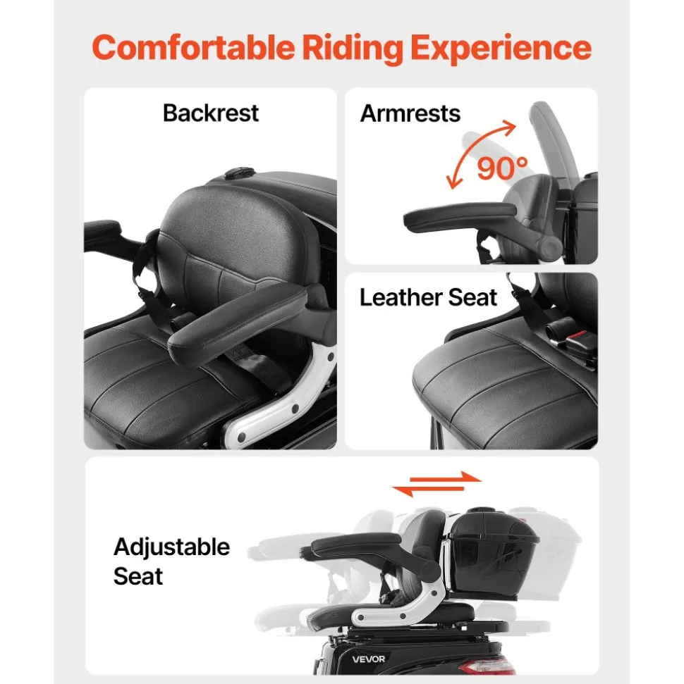 VEVOR Heavy Duty 3-Wheel Mobility Scooters for Seniors & Adults, 500lbs Capacity, 21.5 Miles 3-Speed Long Range, 1000W All Terrain Electric Recreational Scooter Wheelchair, 20° Max Climbing Capacity