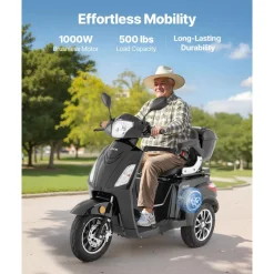 VEVOR Heavy Duty 3-Wheel Mobility Scooters for Seniors & Adults, 500lbs Capacity, 21.5 Miles 3-Speed Long Range, 1000W All Terrain Electric Recreational Scooter Wheelchair, 20° Max Climbing Capacity