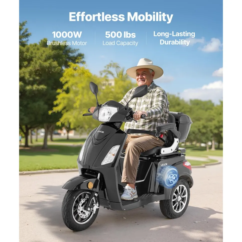 VEVOR Heavy Duty 3-Wheel Mobility Scooters for Seniors & Adults, 500lbs Capacity, 21.5 Miles 3-Speed Long Range, 1000W All Terrain Electric Recreational Scooter Wheelchair, 20° Max Climbing Capacity