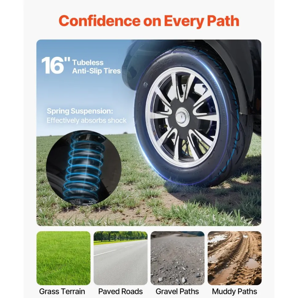 VEVOR Heavy Duty 3-Wheel Mobility Scooters for Seniors & Adults, 500lbs Capacity, 21.5 Miles 3-Speed Long Range, 1000W All Terrain Electric Recreational Scooter Wheelchair, 20° Max Climbing Capacity