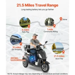 VEVOR Heavy Duty 3-Wheel Mobility Scooters for Seniors & Adults, 500lbs Capacity, 21.5 Miles 3-Speed Long Range, 1000W All Terrain Electric Recreational Scooter Wheelchair, 20° Max Climbing Capacity
