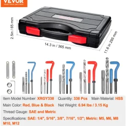 VEVOR Helicoil Thread Repair Kit, 338-Piece SAE and Metric Rethreading Tool Kit, M5, M6, M8, M10, M12, 1/4