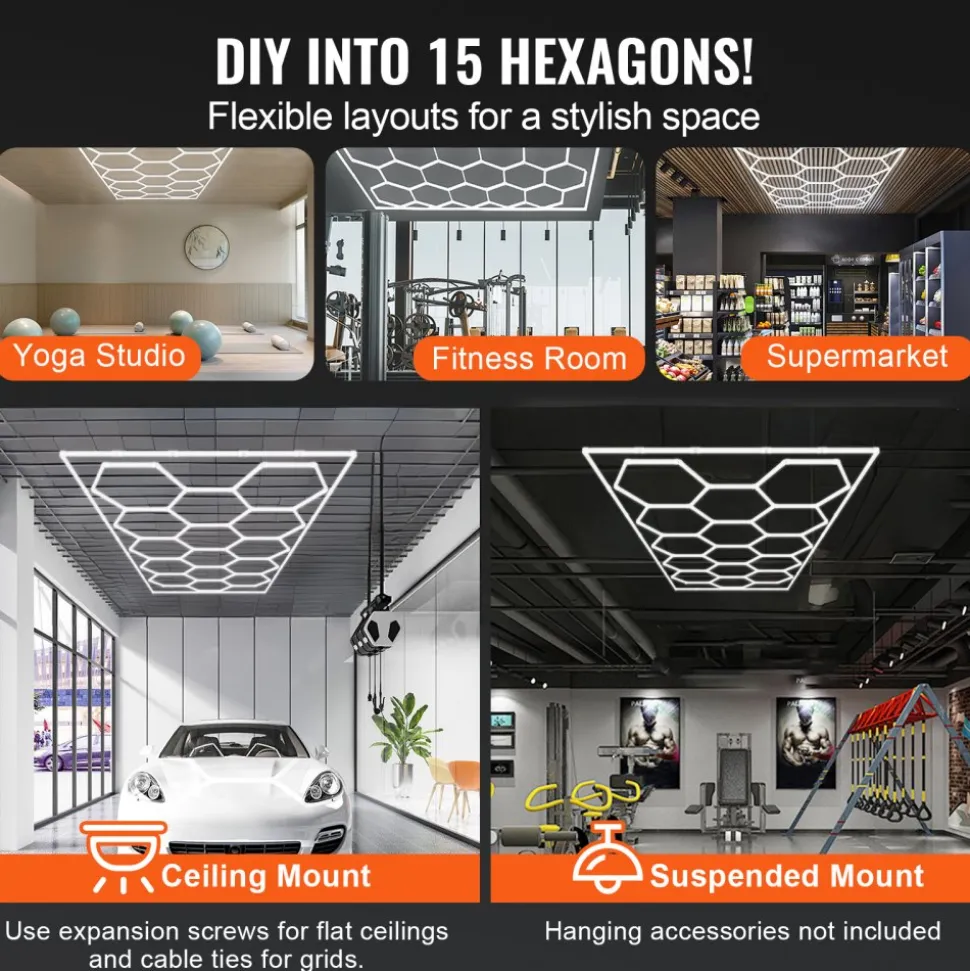 VEVOR Hexagon Garage Lights, 66300LM, 6500K 15 Grid Systems Honeycomb Hexagonal Garage LED Lights, DIY Cool White Car Detailing Garage Ceiling Lighting Bright Shop Light for Gym Basement Workshop