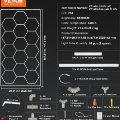 VEVOR Hexagon Garage Lights, 66300LM, 6500K 15 Grid Systems Honeycomb Hexagonal Garage LED Lights, DIY Cool White Car Detailing Garage Ceiling Lighting Bright Shop Light for Gym Basement Workshop