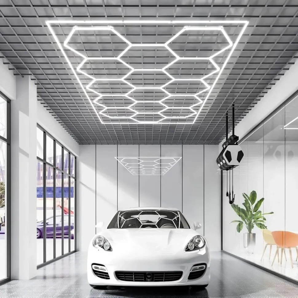 VEVOR Hexagon Garage Lights, 66300LM, 6500K 15 Grid Systems Honeycomb Hexagonal Garage LED Lights, DIY Cool White Car Detailing Garage Ceiling Lighting Bright Shop Light for Gym Basement Workshop
