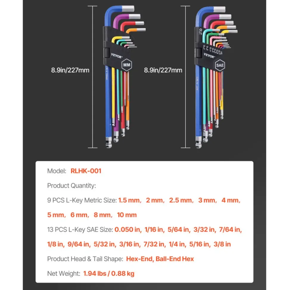 VEVOR Hex Key Allen Wrench Set, 22 pcs SAE (0.050-3/8 in) and Metric (1.5-10 mm), Color Coding Allen Wrenches Sets with Ball End, Long Arm L-Shaped Hex Key for Bicycle, Household, Automobile Repair