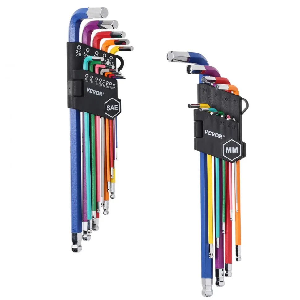 VEVOR Hex Key Allen Wrench Set, 22 pcs SAE (0.050-3/8 in) and Metric (1.5-10 mm), Color Coding Allen Wrenches Sets with Ball End, Long Arm L-Shaped Hex Key for Bicycle, Household, Automobile Repair