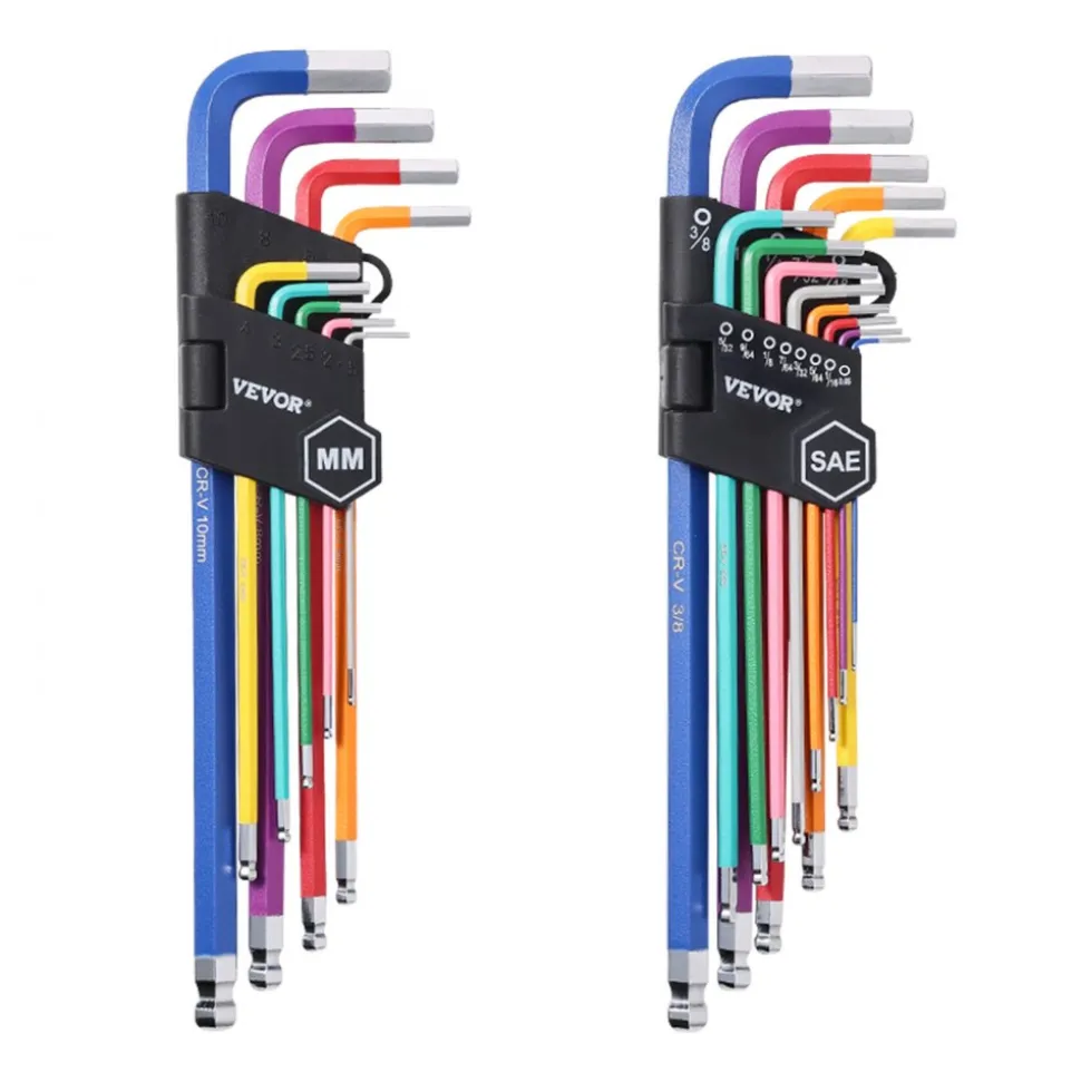 VEVOR Hex Key Allen Wrench Set, 22 pcs SAE (0.050-3/8 in) and Metric (1.5-10 mm), Color Coding Allen Wrenches Sets with Ball End, Long Arm L-Shaped Hex Key for Bicycle, Household, Automobile Repair