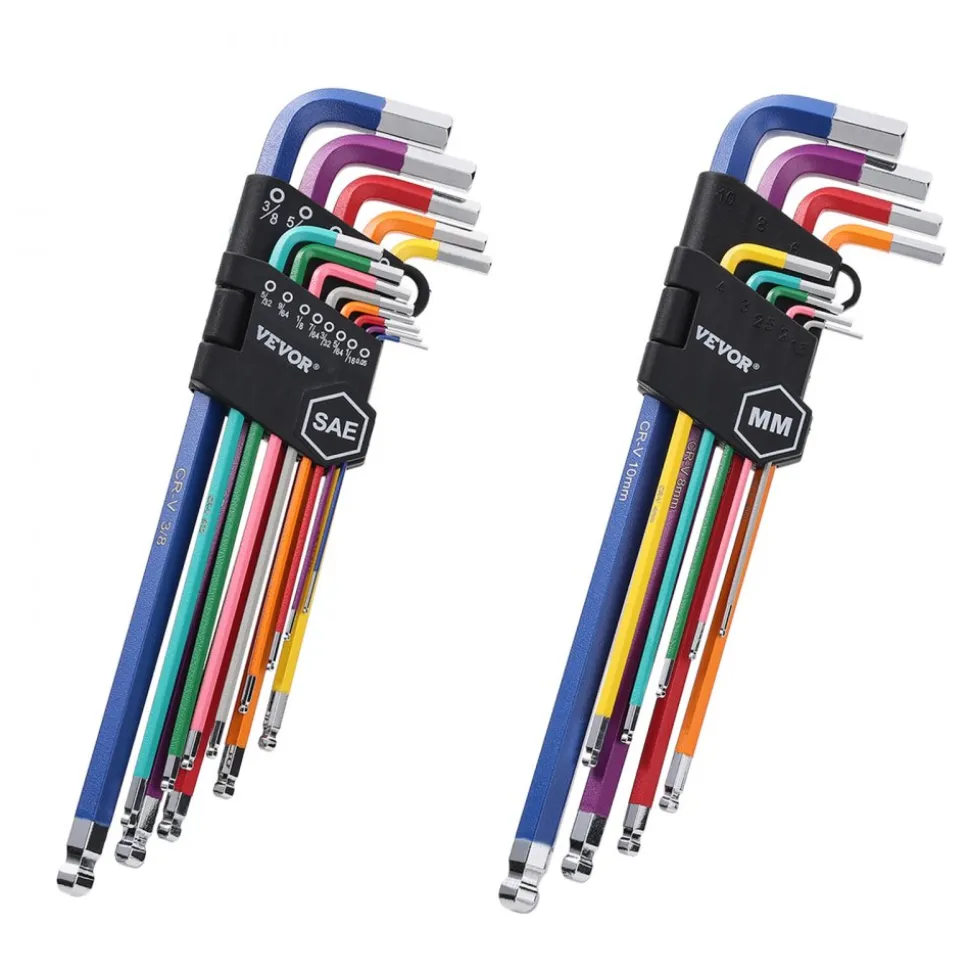 VEVOR Hex Key Allen Wrench Set, 22 pcs SAE (0.050-3/8 in) and Metric (1.5-10 mm), Color Coding Allen Wrenches Sets with Ball End, Long Arm L-Shaped Hex Key for Bicycle, Household, Automobile Repair
