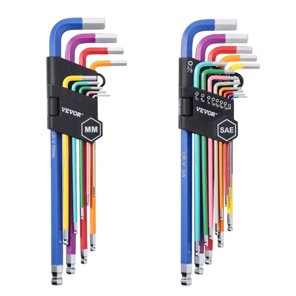 VEVOR Hex Key Allen Wrench Set, 22 pcs SAE (0.050-3/8 in) and Metric (1.5-10 mm), Color Coding Allen Wrenches Sets with Ball End, Long Arm L-Shaped Hex Key for Bicycle, Household, Automobile Repair