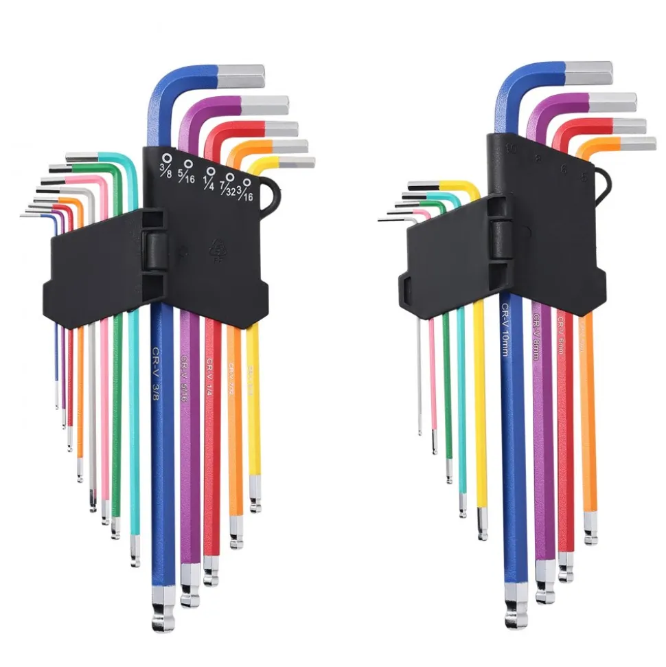 VEVOR Hex Key Allen Wrench Set, 22 pcs SAE (0.050-3/8 in) and Metric (1.5-10 mm), Color Coding Allen Wrenches Sets with Ball End, Long Arm L-Shaped Hex Key for Bicycle, Household, Automobile Repair
