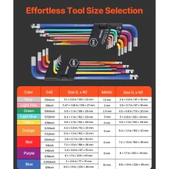 VEVOR Hex Key Allen Wrench Set, 22 pcs SAE (0.050-3/8 in) and Metric (1.5-10 mm), Color Coding Allen Wrenches Sets with Ball End, Long Arm L-Shaped Hex Key for Bicycle, Household, Automobile Repair