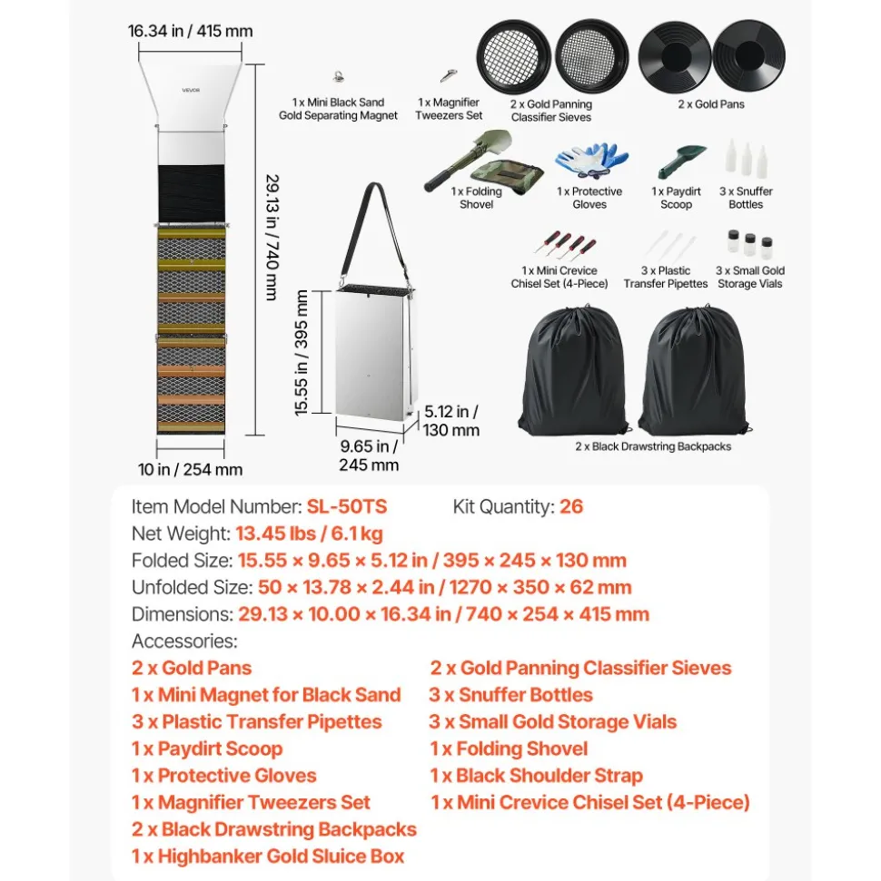 VEVOR Highbanker Gold Panning Kit, 50" 3-in-1 Folding High Banker Gold Sluice Box, 26 PCS Portable Mining Equipment Prospecting Kit with Gold Pans, Classifier Screen, Magnet, Backpack, and Accessories