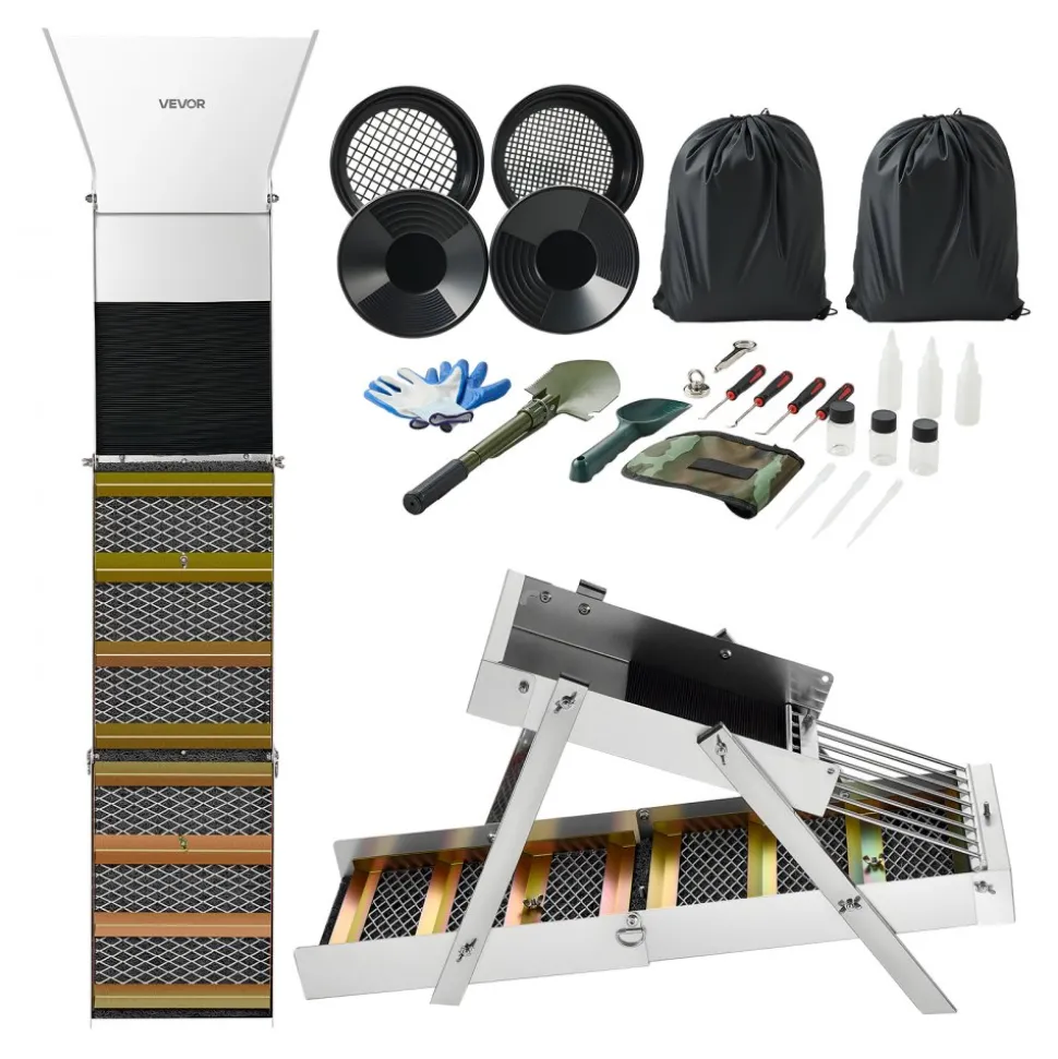 VEVOR Highbanker Gold Panning Kit, 50" 3-in-1 Folding High Banker Gold Sluice Box, 26 PCS Portable Mining Equipment Prospecting Kit with Gold Pans, Classifier Screen, Magnet, Backpack, and Accessories