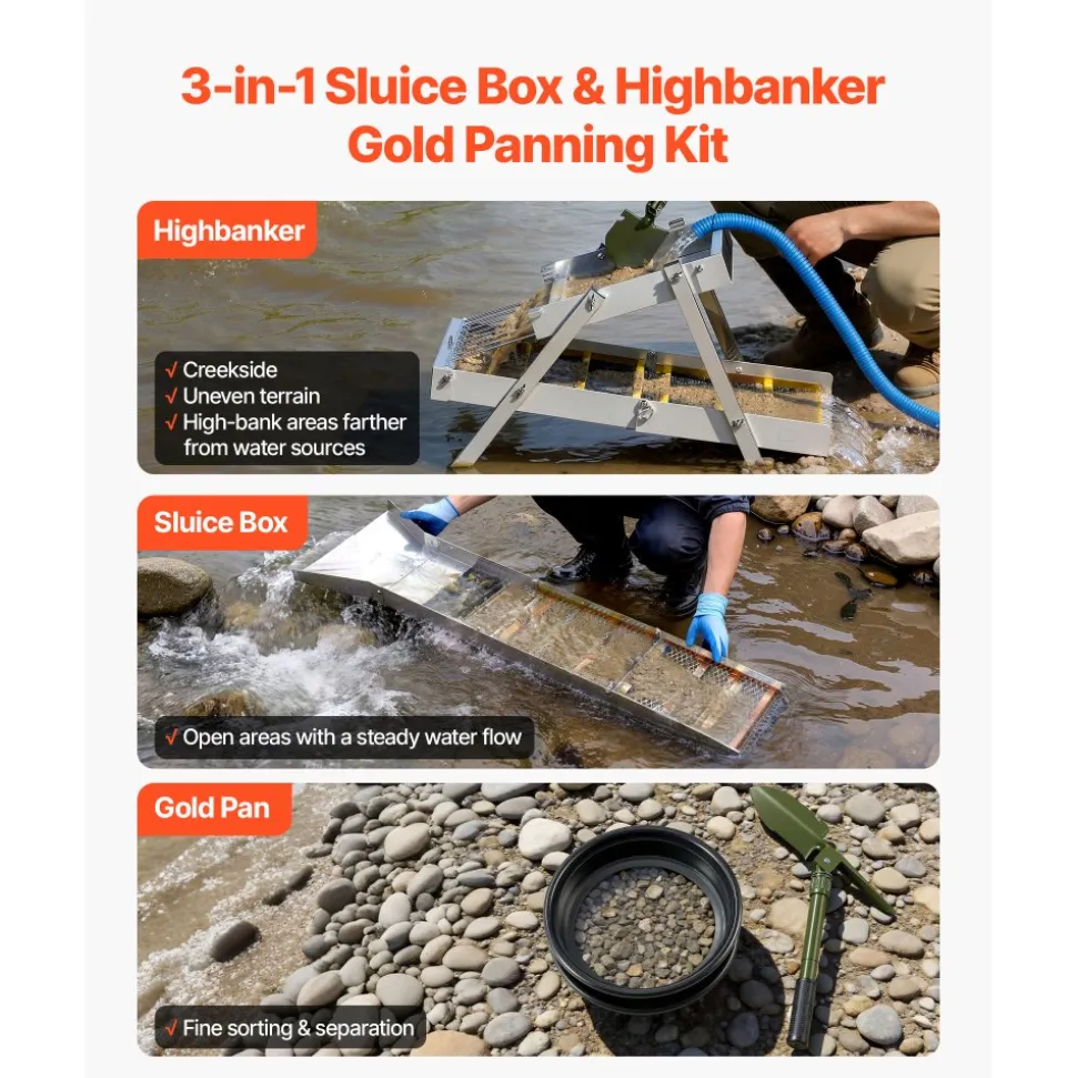 VEVOR Highbanker Gold Panning Kit, 50" 3-in-1 Folding High Banker Gold Sluice Box, 26 PCS Portable Mining Equipment Prospecting Kit with Gold Pans, Classifier Screen, Magnet, Backpack, and Accessories