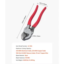 VEVOR High Leverage Cable Cutter, 9-1/4 in Compact, Forged Blades and PVC-Coated Handles, Heavy Duty Cable Cutting Pliers Tool for 4/0 AWG Aluminum, 2/0 AWG Soft Copper and 100-Pair 24AWG Comm Cables