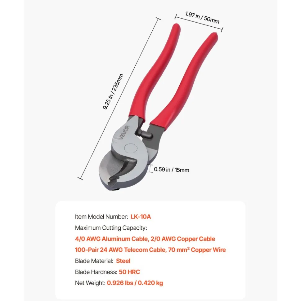VEVOR High Leverage Cable Cutter, 9-1/4 in Compact, Forged Blades and PVC-Coated Handles, Heavy Duty Cable Cutting Pliers Tool for 4/0 AWG Aluminum, 2/0 AWG Soft Copper and 100-Pair 24AWG Comm Cables