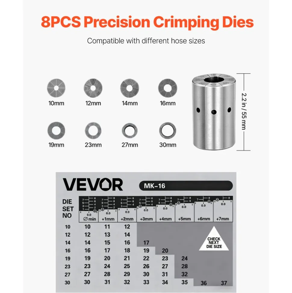 VEVOR High Pressure Hydraulic Hose Crimper, Manual Hose Crimping Tool with 8 Dies & 0.24"-1.1" Crimping Range, Suitable for Low & High-Pressure Oil Pipes, Gas/Water/Auto AC Hoses & Cable Joints