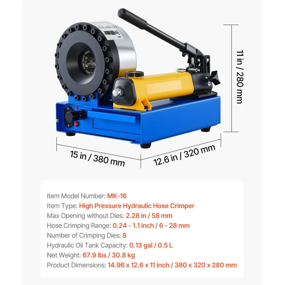 VEVOR High Pressure Hydraulic Hose Crimper, Manual Hose Crimping Tool with 8 Dies & 0.24"-1.1" Crimping Range, Suitable for Low & High-Pressure Oil Pipes, Gas/Water/Auto AC Hoses & Cable Joints