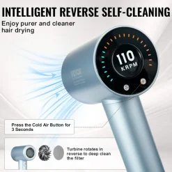 VEVOR High-Speed Hair Dryer with 105,000RPM Brushless Motor, 200 Million Negative Ions Hair Blow Dryer, 4 Temps & 3 Speeds, LCD Display Thermo-Control Hairdryer with Diffuser & Nozzle for Home Travel