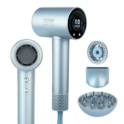 VEVOR High-Speed Hair Dryer with 105,000RPM Brushless Motor, 200 Million Negative Ions Hair Blow Dryer, 4 Temps & 3 Speeds, LCD Display Thermo-Control Hairdryer with Diffuser & Nozzle for Home Travel